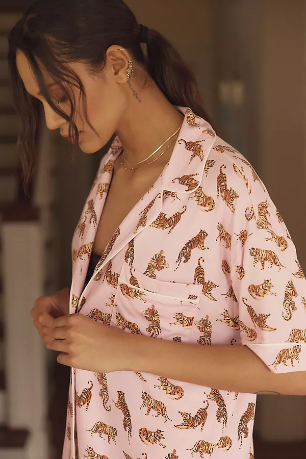 Anthropologie The Briar Piped Pajama Shirt: Short-Sleeve Edition Tiger Print