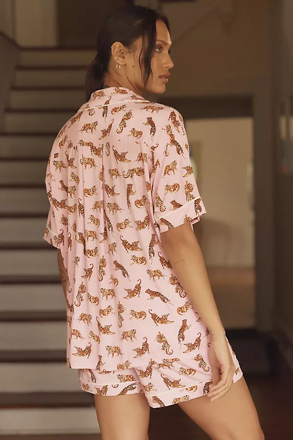 Anthropologie The Briar Piped Pajama Shirt: Short-Sleeve Edition Tiger Print