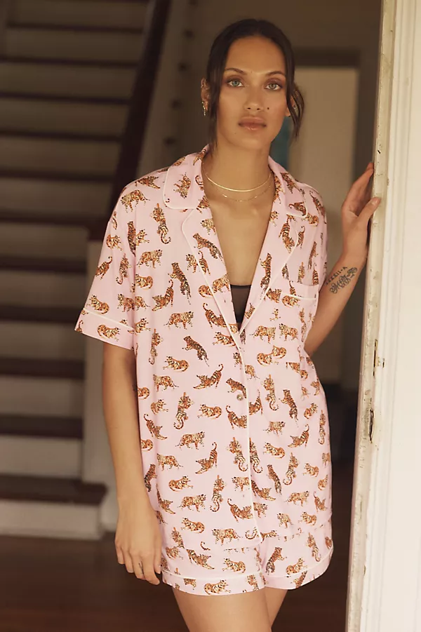 Anthropologie The Briar Piped Pajama Shirt: Short-Sleeve Edition Tiger Print