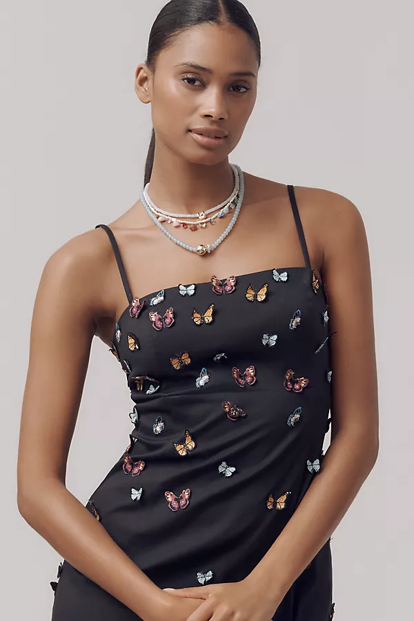 Anthropologie The Brynne 3D Spaghetti-Strap Midi Dress By Maeve: Butterfly-Embellished Edition Black Onyx