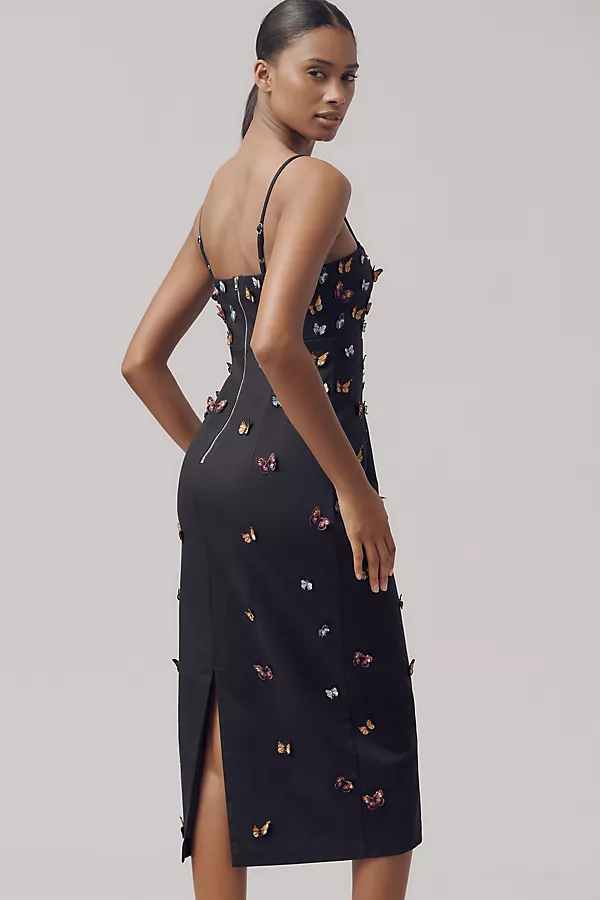 Anthropologie The Brynne 3D Spaghetti-Strap Midi Dress By Maeve: Butterfly-Embellished Edition Black Onyx