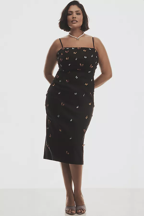 Anthropologie The Brynne 3D Spaghetti-Strap Midi Dress By Maeve: Butterfly-Embellished Edition Black Onyx