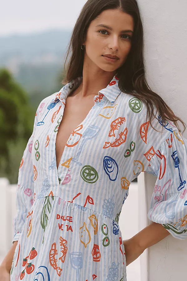 Anthropologie The Carolita Printed Tiered Shirt Dress: Jordan Nickson Edition Light Blue