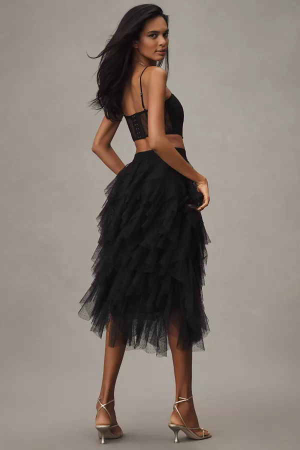 Anthropologie The Chéri Ruffled Tulle Midi Skirt By Anthropologie BLACK