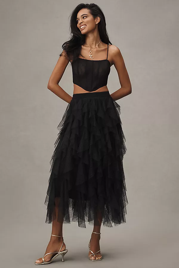 anthropologie The Chéri Ruffled Tulle Midi Skirt by Anthropologie BLACK