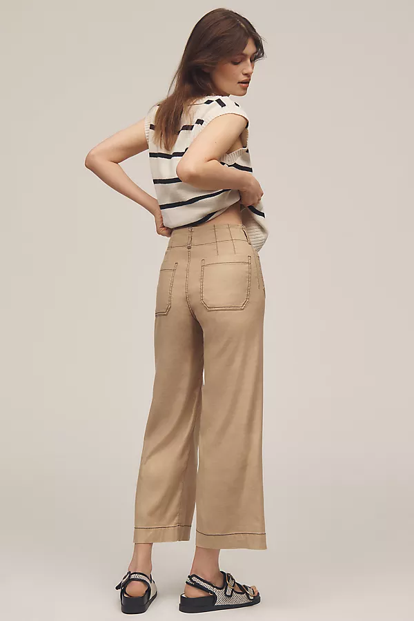 Anthropologie The Colette Contrast-Stitch Linen Crop Wide-Leg Pants By Maeve Khaki
