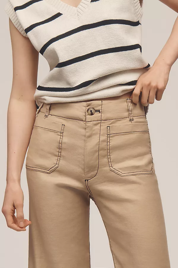 Anthropologie The Colette Contrast-Stitch Linen Crop Wide-Leg Pants By Maeve Khaki