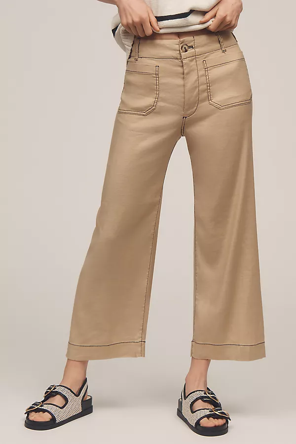 Anthropologie The Colette Contrast-Stitch Linen Crop Wide-Leg Pants By Maeve Khaki