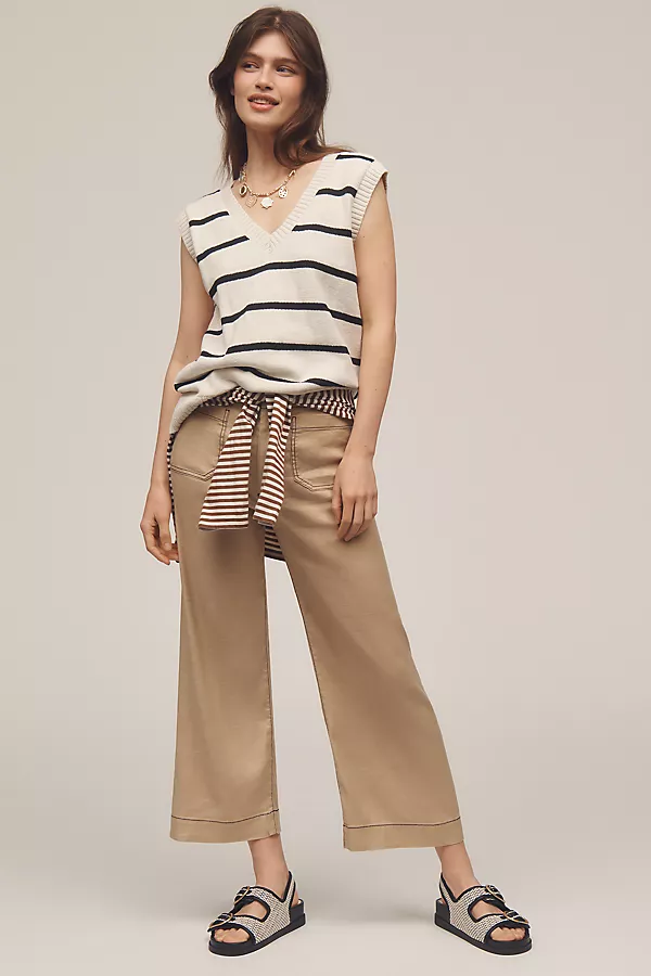 anthropologie The Colette Contrast-Stitch Linen Crop Wide-Leg Pants by Maeve Khaki