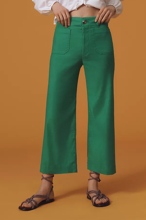 Anthropologie The Colette Linen Blend Crop Wide-Leg Pants By Maeve Bright Green