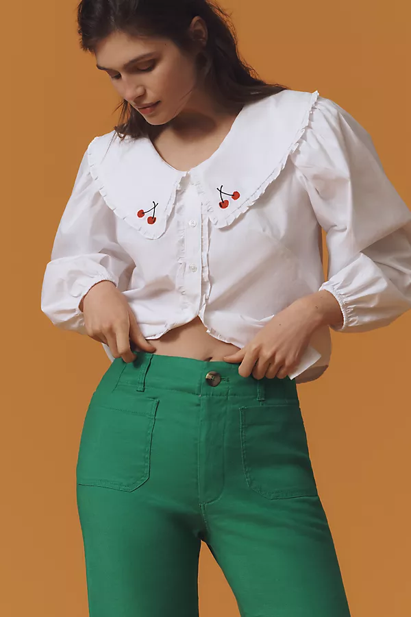 Anthropologie The Colette Linen Blend Crop Wide-Leg Pants By Maeve Bright Green