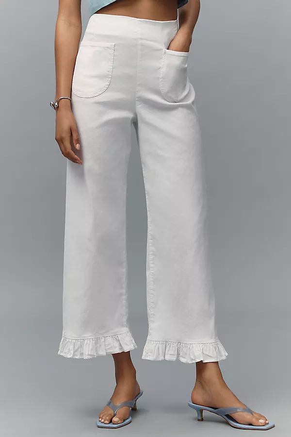 Anthropologie The Colette Magic Fabric Ruffled Crop Wide-Leg Pants By Maeve Running White