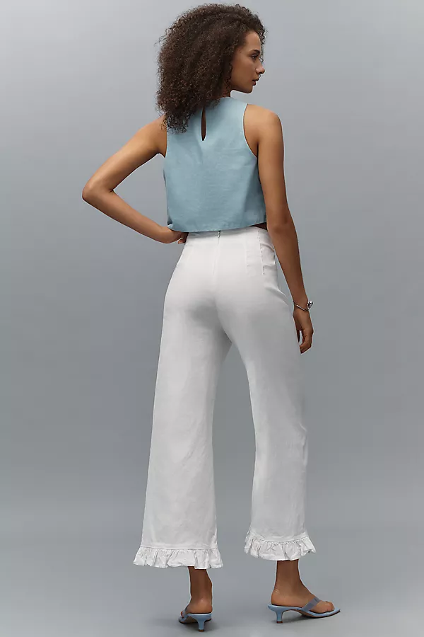 Anthropologie The Colette Magic Fabric Ruffled Crop Wide-Leg Pants By Maeve Running White