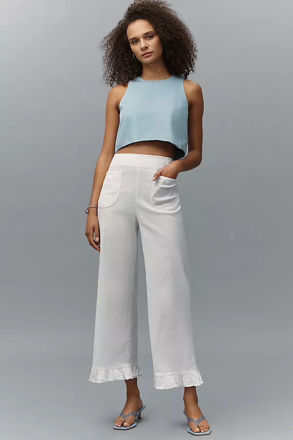 anthropologie The Colette Magic Fabric Ruffled Crop Wide-Leg Pants by Maeve Running White