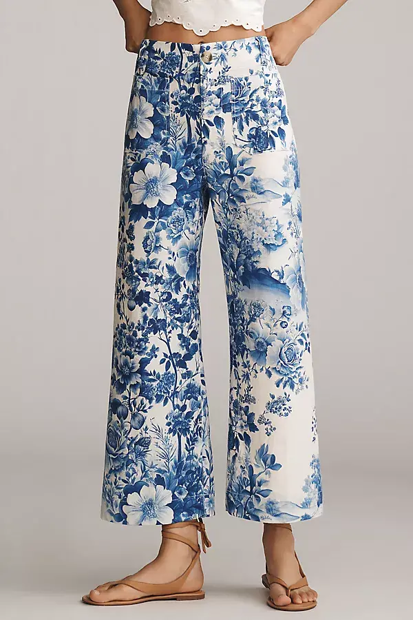 Anthropologie The Colette Printed Linen Blend Crop Wide-Leg Pants By Maeve Blue Floral