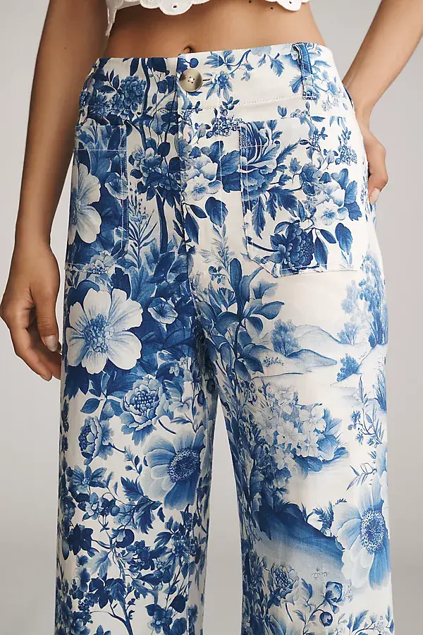Anthropologie The Colette Printed Linen Blend Crop Wide-Leg Pants By Maeve Blue Floral