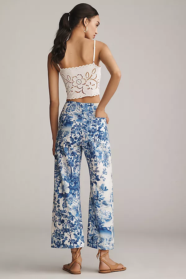 Anthropologie The Colette Printed Linen Blend Crop Wide-Leg Pants By Maeve Blue Floral