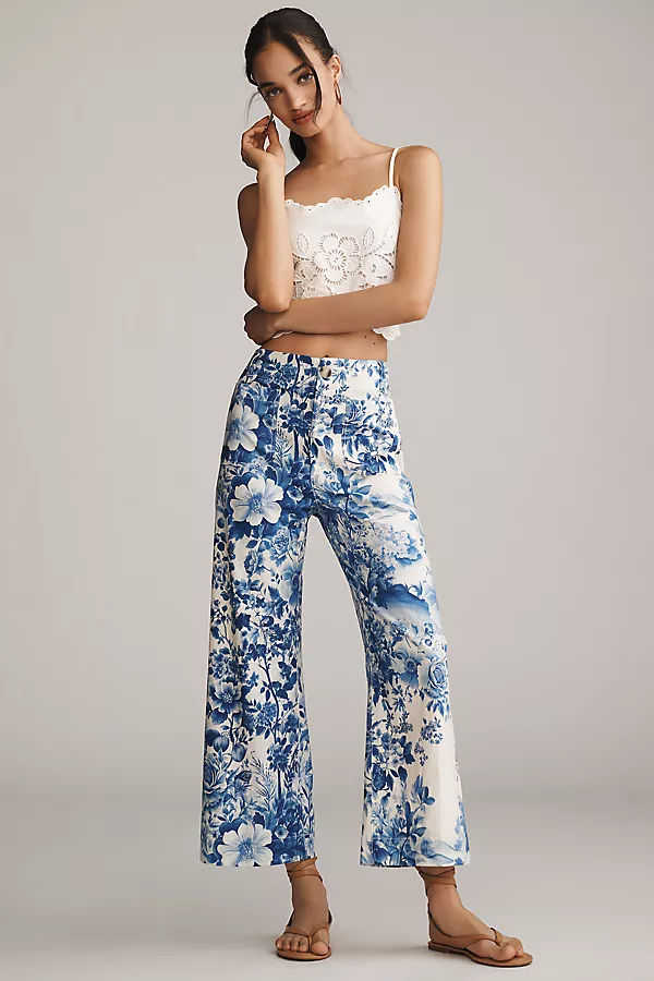 anthropologie The Colette Printed Linen Blend Crop Wide-Leg Pants by Maeve Blue Floral