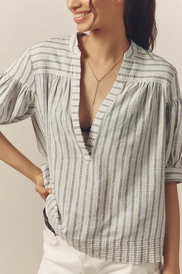 Anthropologie The Darcey Popover Swing Top: Linen Cotton Edition Soft Olive Combo