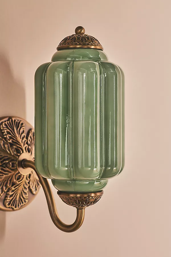 Anthropologie The Eloise Scallop Milk Glass Sconce Wall Light Green Glass / Brass