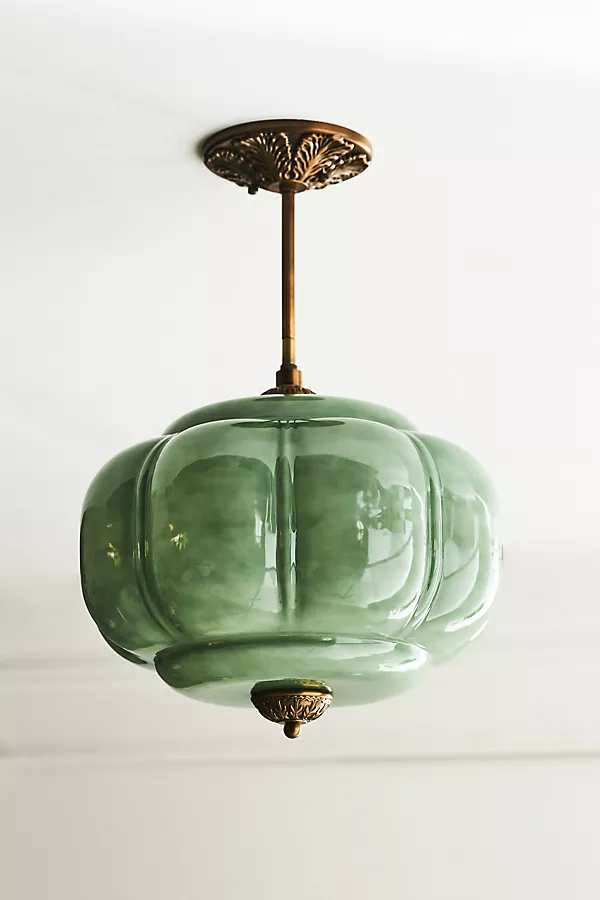 anthropologie The Eloise Scallop Milk Glass Semi-Flush Mount Ceiling Light Green Glass / Brass