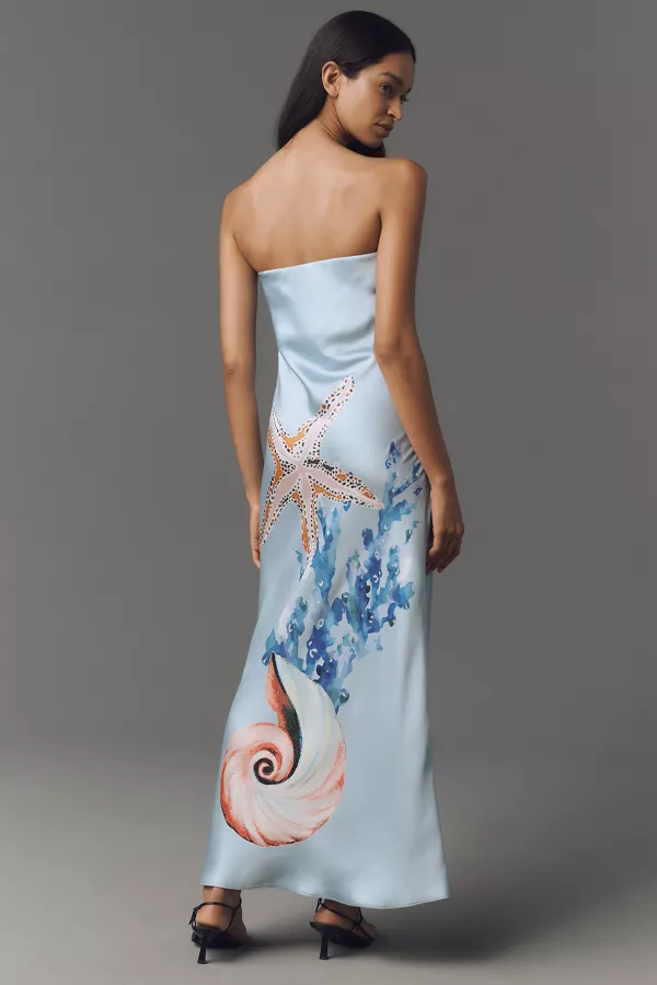 Anthropologie The Fleur Strapless Satin Maxi Slip Dress Starfish Motif