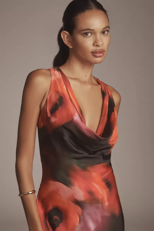 Anthropologie The Gracie Cowl-Neck Satin Slip Maxi Dress Black Floral