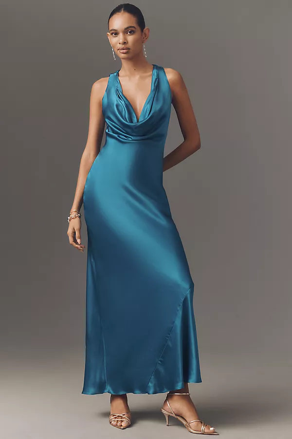 anthropologie The Gracie Cowl-Neck Satin Slip Maxi Dress Blue