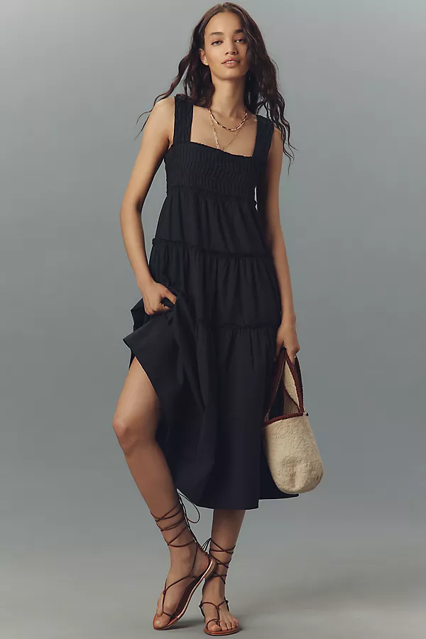 anthropologie The Helena Square-Neck Smocked Tiered Midi Dress Black