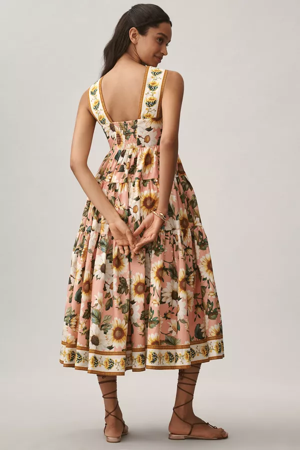 Anthropologie The Helena Square-Neck Smocked Tiered Midi Dress Pink