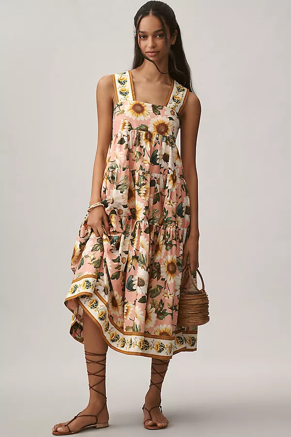 anthropologie The Helena Square-Neck Smocked Tiered Midi Dress Pink
