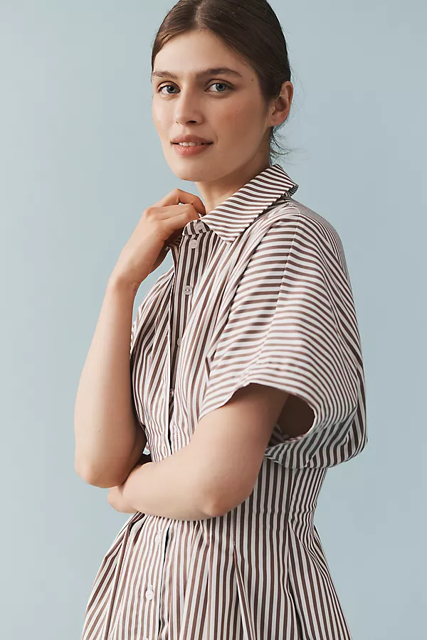 Anthropologie The Heynasreen Tobie Button-Front Pleated Mini Shirt Dress By Exquise Mocha Stripe