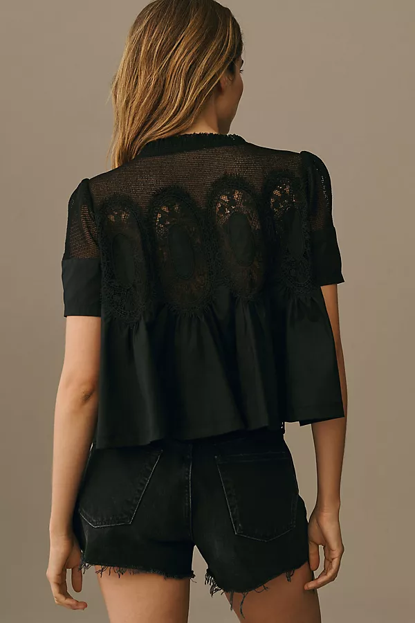 Anthropologie The Iris Short-Sleeve Lace Poplin Blouse By En Elly Black