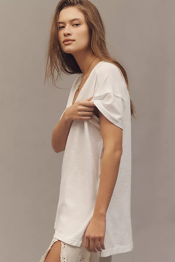 Anthropologie The Jordyn Cotton-Slub Crew-Neck Oversized Tee By Pilcro: Deep-V Edition Bright White