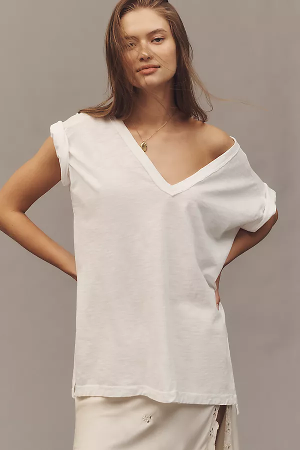 Anthropologie The Jordyn Cotton-Slub Crew-Neck Oversized Tee By Pilcro: Deep-V Edition Bright White