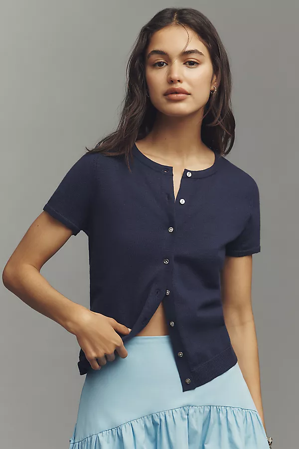 Anthropologie The Juliet Cotton Cashmere Short-Sleeve Crew-Neck Cardigan Sweater Navy