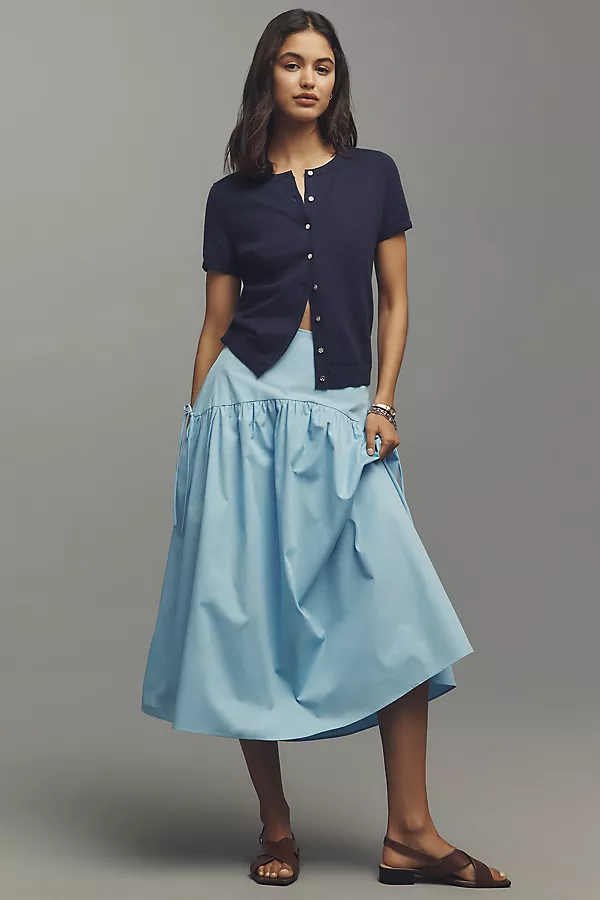 Anthropologie The Juliet Cotton Cashmere Short-Sleeve Crew-Neck Cardigan Sweater Navy