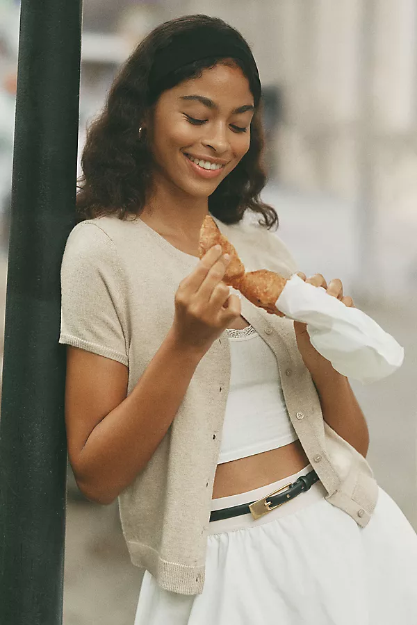 Anthropologie The Juliet Cotton Cashmere Short-Sleeve Crew-Neck Cardigan Sweater Neutral
