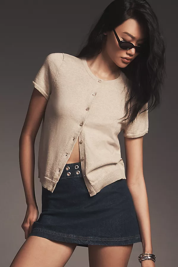 anthropologie The Juliet Cotton Cashmere Short-Sleeve Crew-Neck Cardigan Sweater Neutral