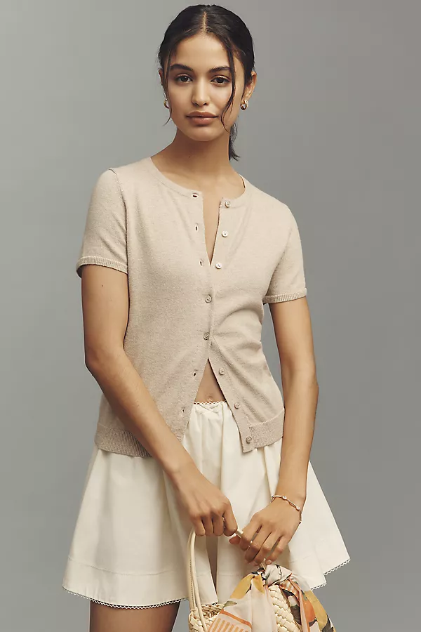 Anthropologie The Juliet Cotton Cashmere Short-Sleeve Crew-Neck Cardigan Sweater Neutral