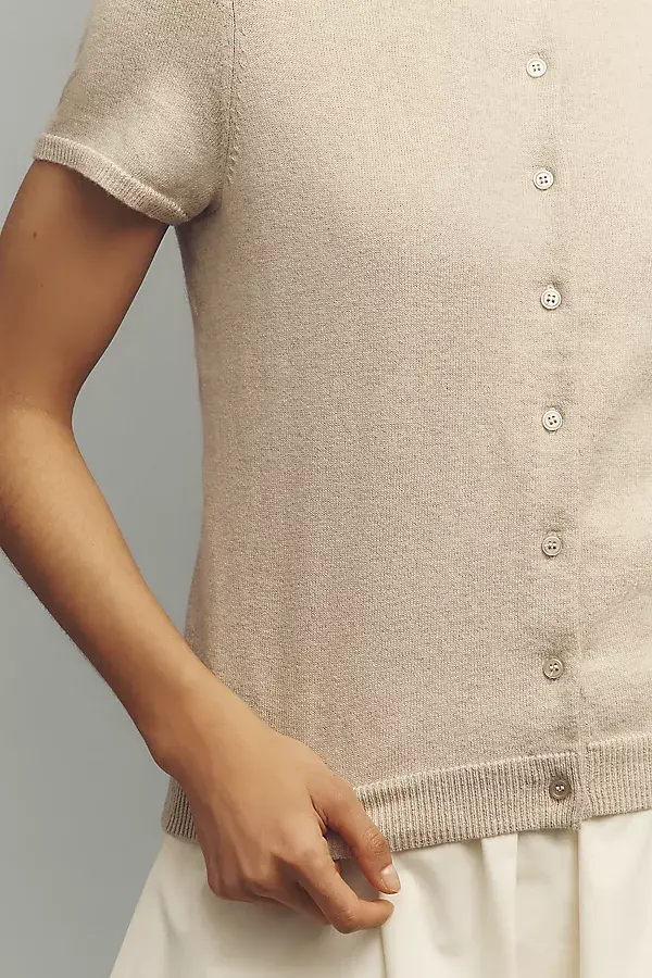 Anthropologie The Juliet Cotton Cashmere Short-Sleeve Crew-Neck Cardigan Sweater Neutral