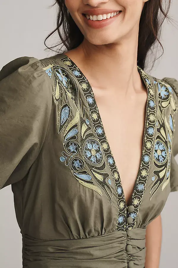 Anthropologie The Katerina Embellished Button-Front Dress Olivine