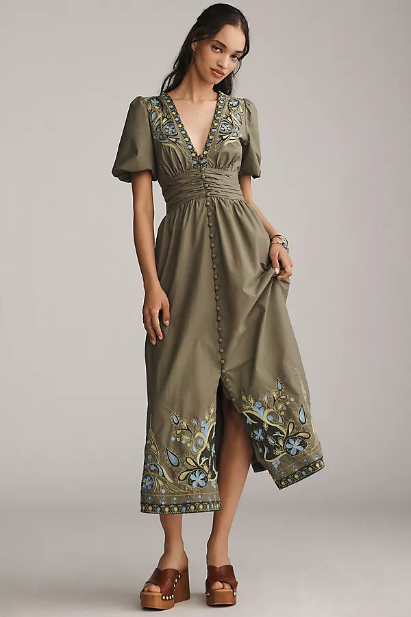 Anthropologie The Katerina Embellished Button-Front Dress Olivine