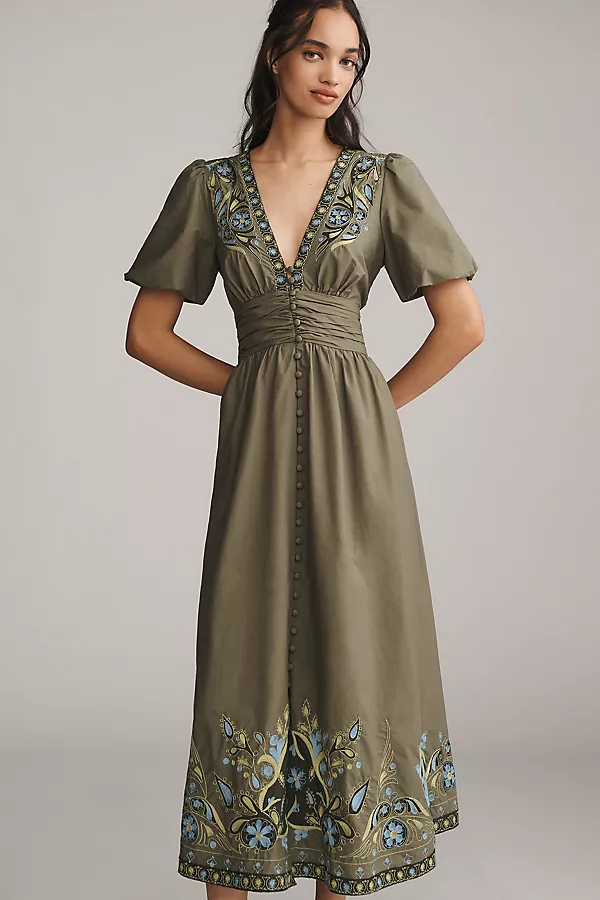 anthropologie The Katerina Embellished Button-Front Dress Olivine