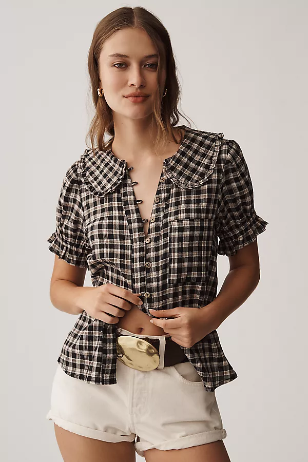anthropologie The Keira Plaid Blouse by Pilcro Black Pattern