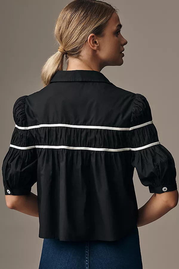 Anthropologie The Leandra Shirred Yoke Blouse By Maeve Black/White