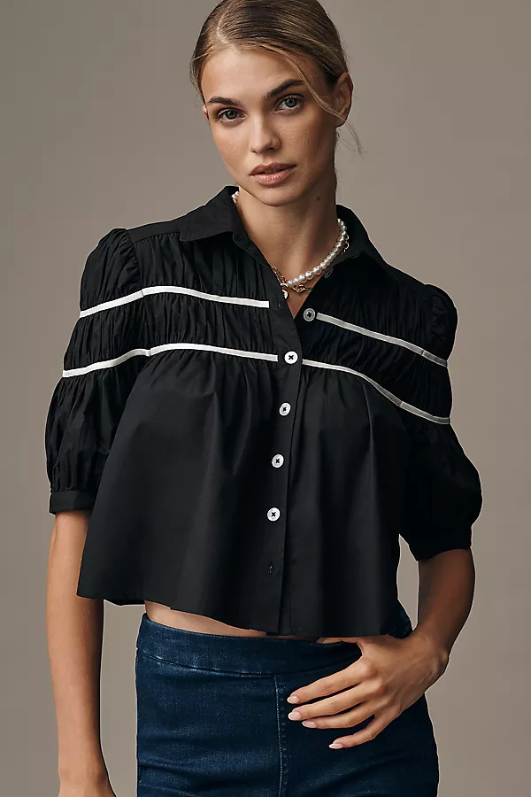 anthropologie The Leandra Shirred Yoke Blouse by Maeve Black/White