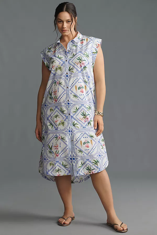 Anthropologie The Lillian Button-Front Midi Dress By Maeve Light Blue