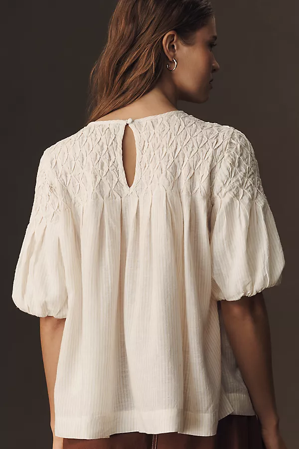 Anthropologie The Liza Puff-Sleeve Smocked Linen Top Ivory