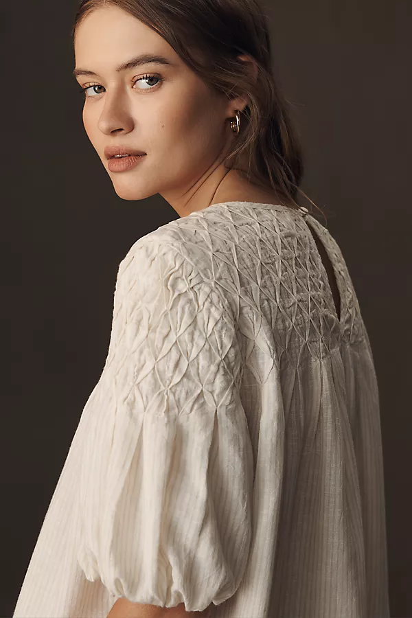 Anthropologie The Liza Puff-Sleeve Smocked Linen Top Ivory